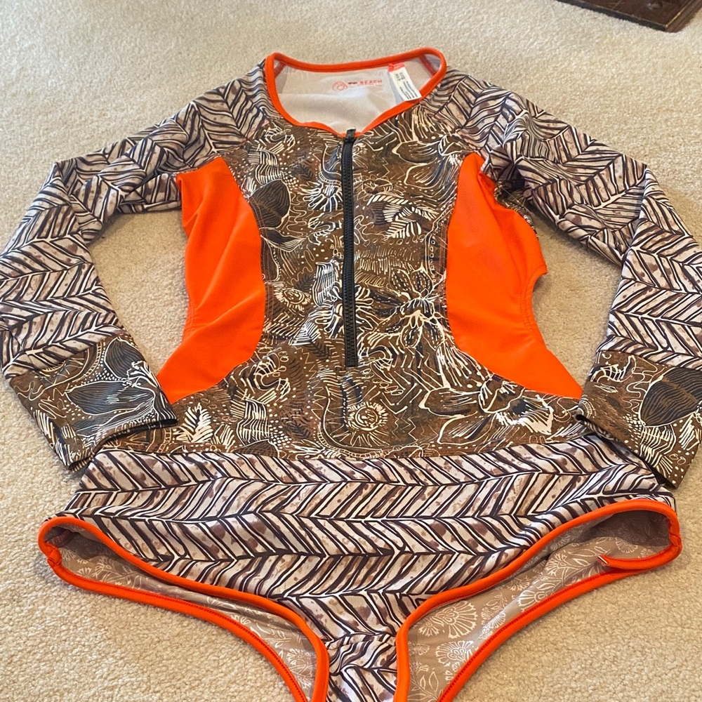 FP beach Free People Stevie Orange and Brown zip front Surf Swimsuit L large New - Picture 2 of 6